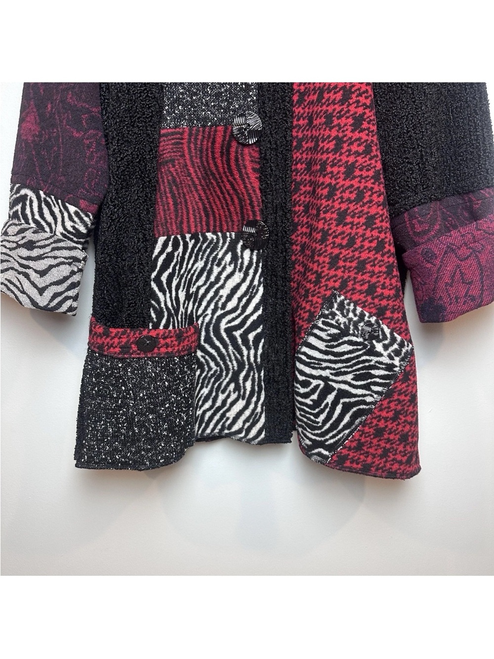 Ali Miles Patchwork Jacket Red Black Mixed Media Artsy Wool Blend - Picture 2 of 15